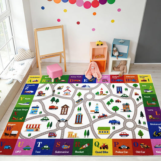 Lacomfy Kids Rug 4x6Ft ABC Car Road Map Play Mat Carpet for Boys Girls Bedroom Playroom Classroom, Vehicles & Alphabet Town Track Learning and Educational Children Area Rug, Nonslip, Indoor Decor