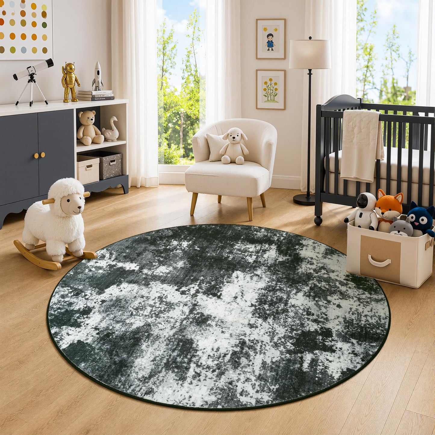 Merelax 4ft Round Black Abstract Area Rug, Washable Non Slip Circle Rug for Entryway, Kitchen, Bedroom, Bathroom, Nursery, Living Room, Thin Soft Circular Rugs Indoor Décor, Low Pile Carpet