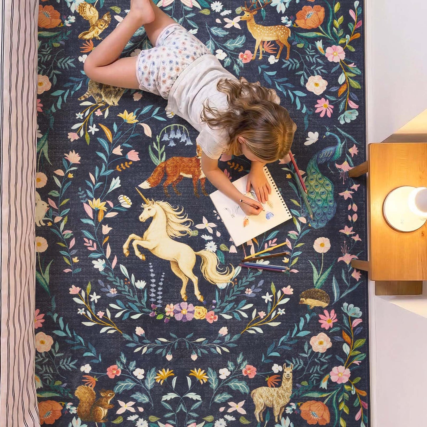 jinchan Moonrise Area Rug 5x7 Kids Room Rug Washable Unicorn Rug Soft Non-Slip Low Pile Fairytale Woodland Animals Floral Carpet for Classroom Nursery Playroom Bedroom Living Room Midnight Navy Blue