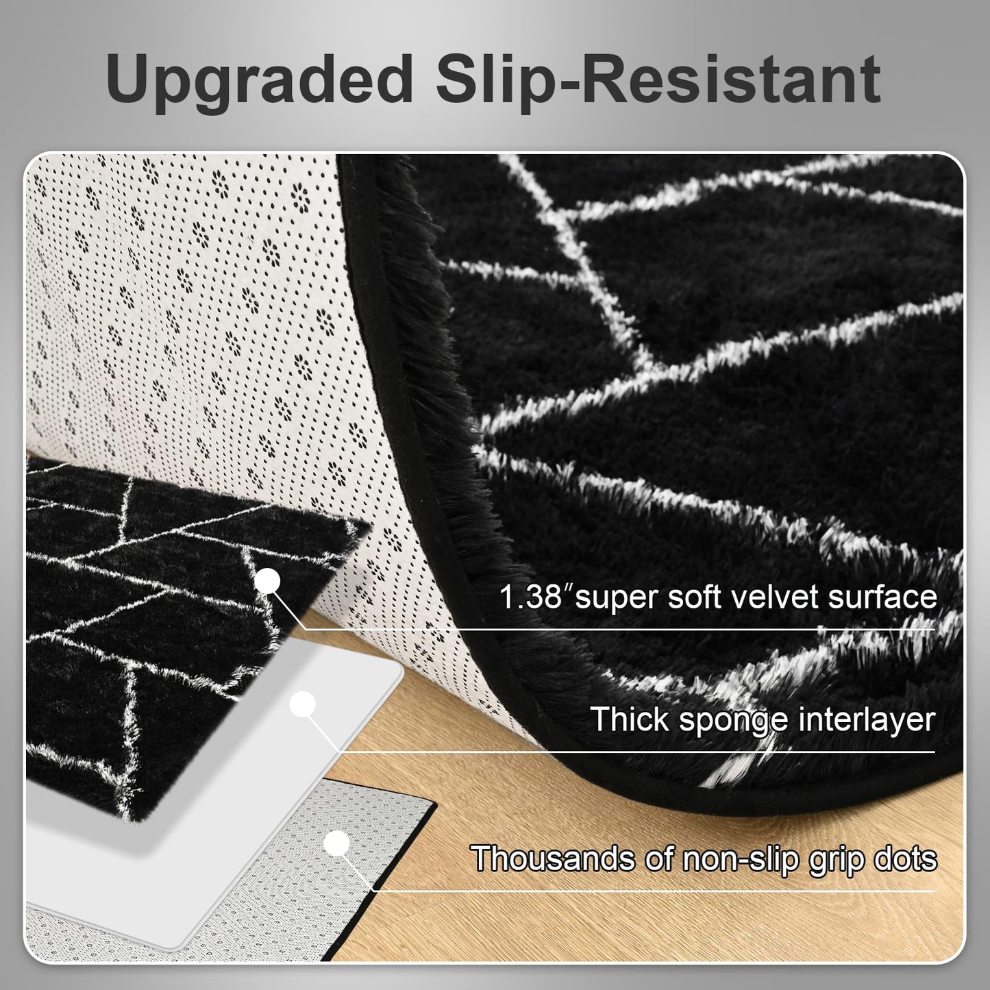 FALARK Fluffy Area Rugs for Living Room Bedroom, Modern Geometric 4x6 Feet Black Rug, Soft Plush Shaggy Fuzzy Floor Bedside Carpet for Nursery Kids Girls Boys Teen Dorm Home Office Decor