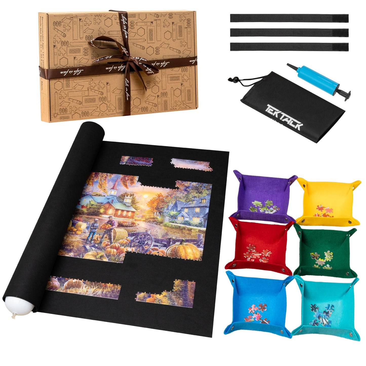 Tektalk 3000-Pc Jigsaw Puzzle Mat with 6 Felt Sorting Trays, Higher-Capacity Design, Roll-up Mat in Delicate Packaging Box with Hand Pump, Storing for 3000, 2000, 1500, 1000, 500 Jigsaw Puzzle Pieces