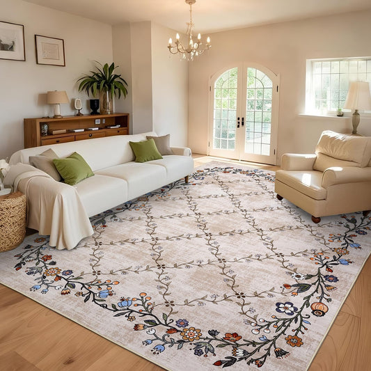 GarveeHome 9x12FT Floral Washable Area Rug, Beige Vintage Boho Low Pile Non Slip, Stain Resistant Soft Indoor Rug for Large Living Room, Bedroom, Dining Room