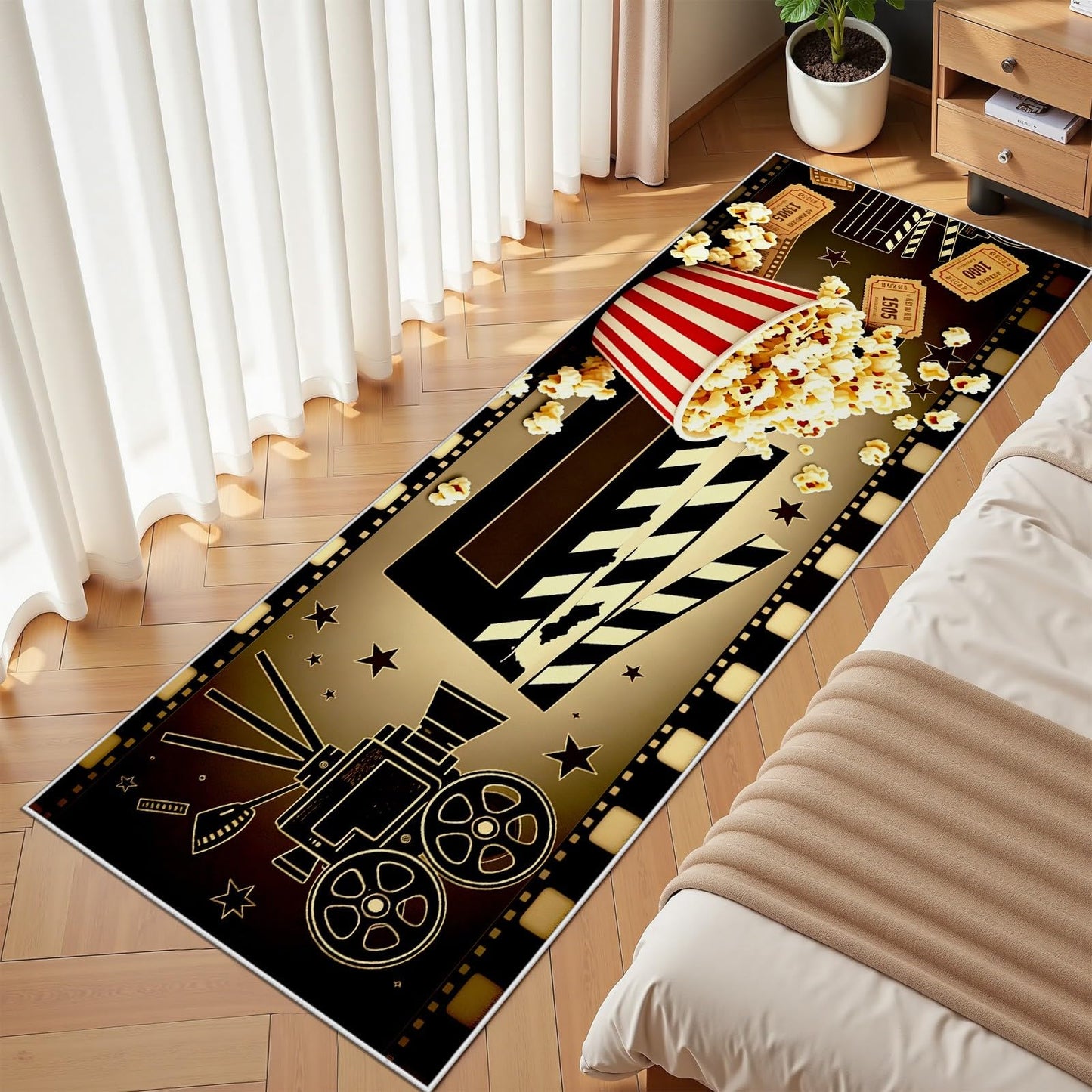 Egljss Movie Theater Rugs 4x10 - Popcorn Rugs for Kitchen, Cinema Clapboard Runner Rug for Hallway, Filmstrip Movie Area Rug Non Slip Washable, Film Popcorn Carpets for Living Room - Theater Decor