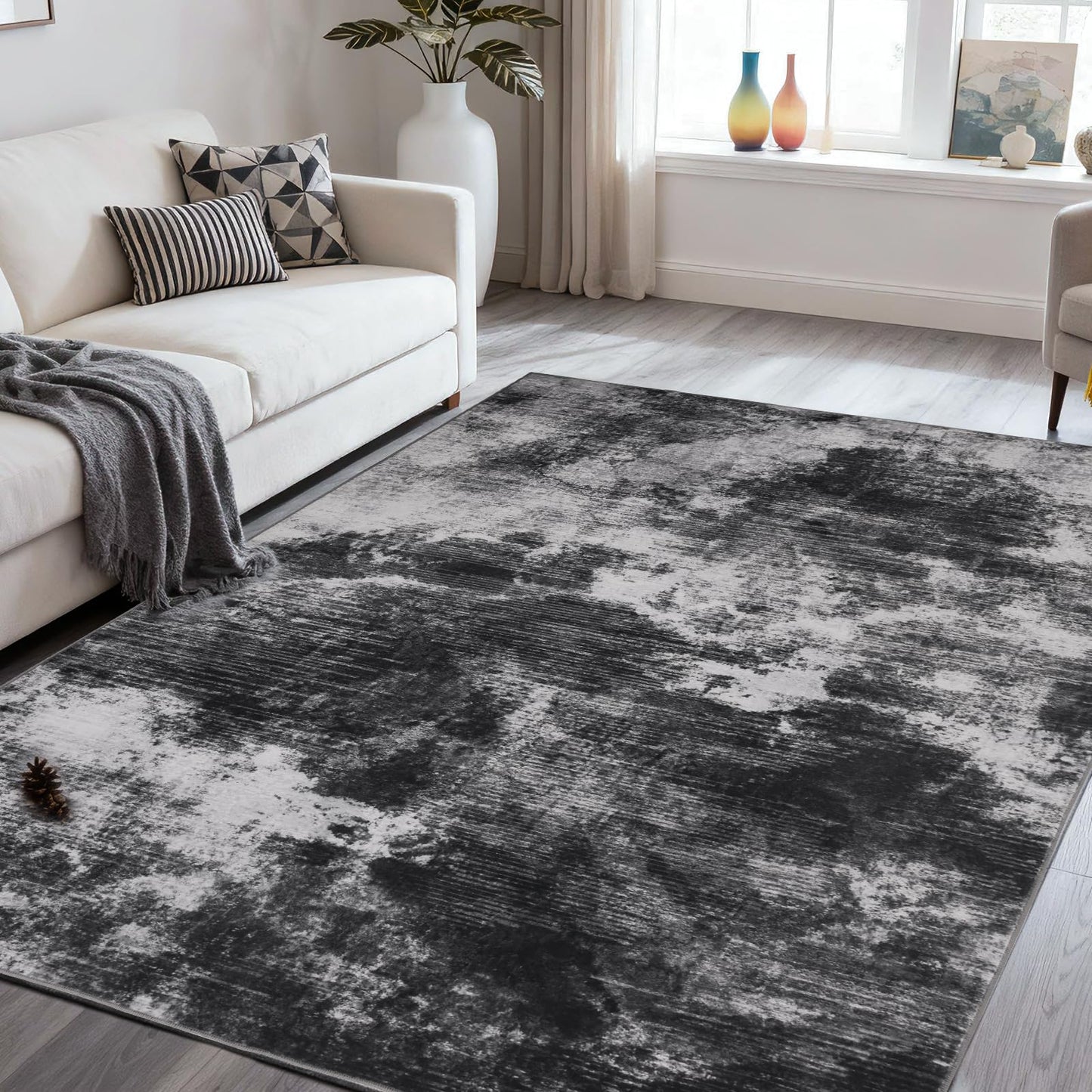 TerradWafs Washable Area Rugs 5x7, Modern Abstract Rug for Living Room, Soft Low Pile Non Slip Rug for Bedroom, Indoor Floor Carpet for Dining Room Farmhouse Nursery Entryway Home Office-Black