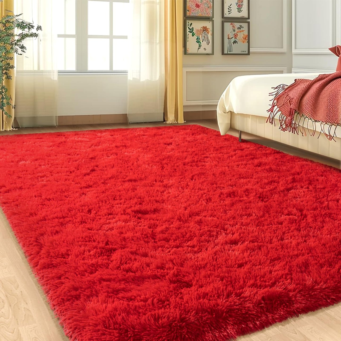 Large Shag Rugs 6 x 9, Red Fluffy Area Rug for Living Room, Soft Fuzzy Plush Carpet for Bedroom Girls Kids Room, Indoor Shaggy Rug for Home Decor Aesthetic, Upgrade Non-Slip