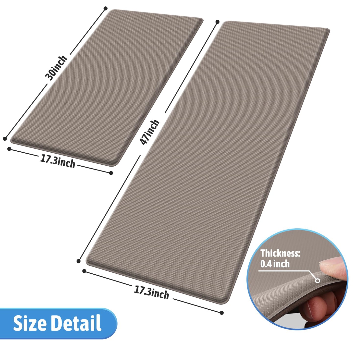 StepLively Kitchen Mat, 2 PCS Kitchen Rugs, Cushioned Kitchen Mats for Floor, Anti Fatigue Kitchen Rug Set, Non-Skid Standing Mat for Kitchen, Office, Sink, 17.3"×30"+17.3"×47", Khaki