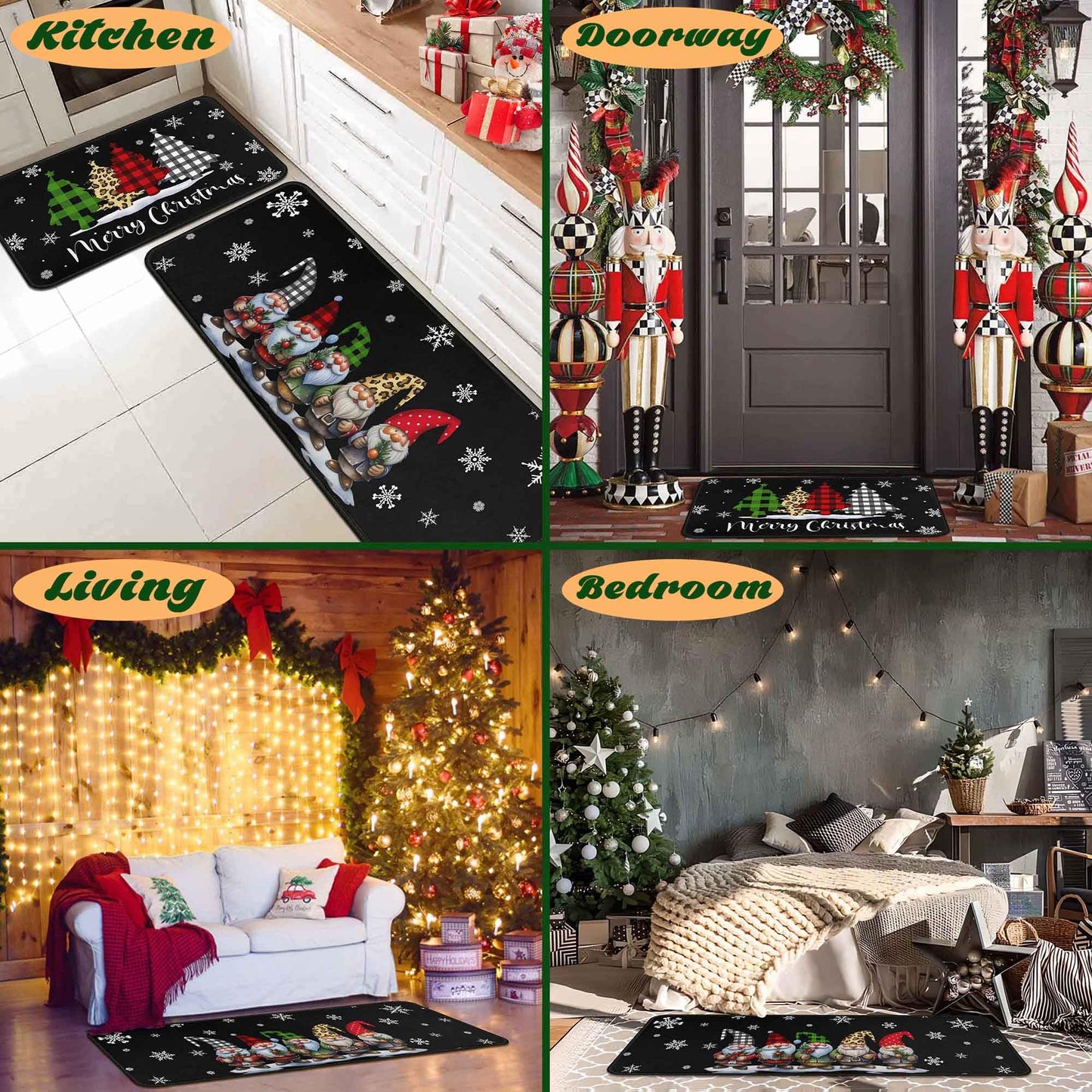 OUXIOAZ Buffalo Plaid Tree Gnomes Black Merry Christmas Kitchen Rugs Set of 2, Winter Holiday Party Low-Profile Floor Mat Decorations for Home Kitchen 17"x47"+17"x30"