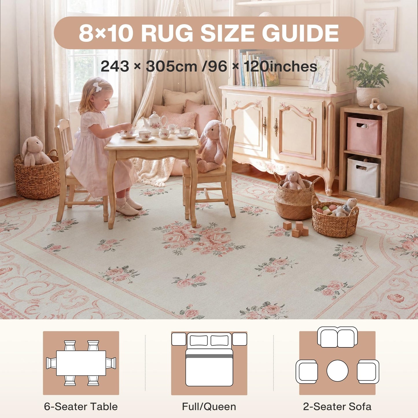 Tribesigns Boho Floral Pink 8 x 10 Area Rug for Girls Bedroom, Soft Washable Nursery Living Room Rugs, Border Large Non-Slip Low Pile French Carpet for Dorm Kids Dining Playroom, Beige/8x10