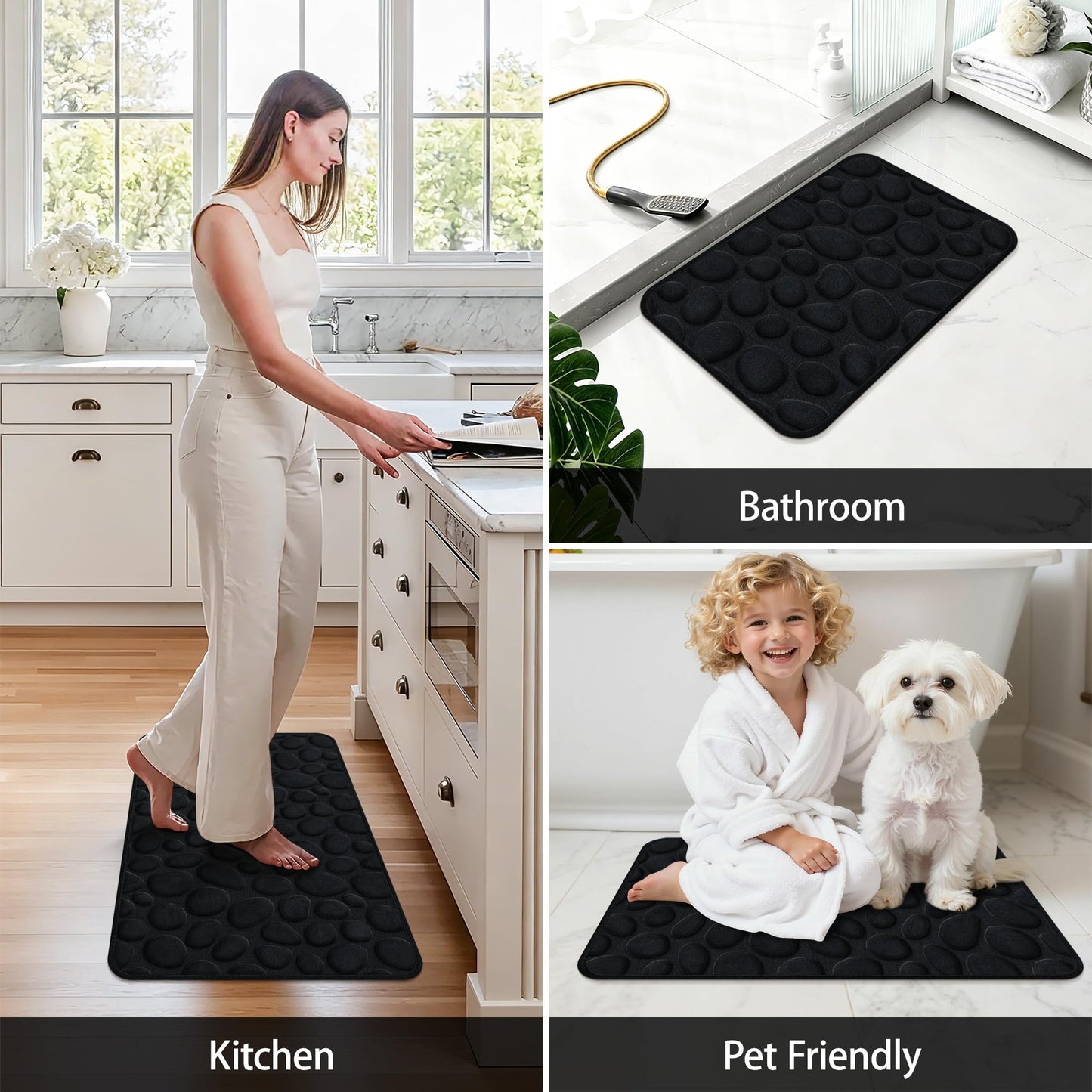 SharpWeaRug Memory Foam Bath Mat,16x24 Inch Non Slip Cobblestone Bath Mats,Manchine Washable Absorbent Bathroom Floor Mats,Ultra Soft and Quick Dry Bath Rugs for Bathroom Tub and Shower,Black