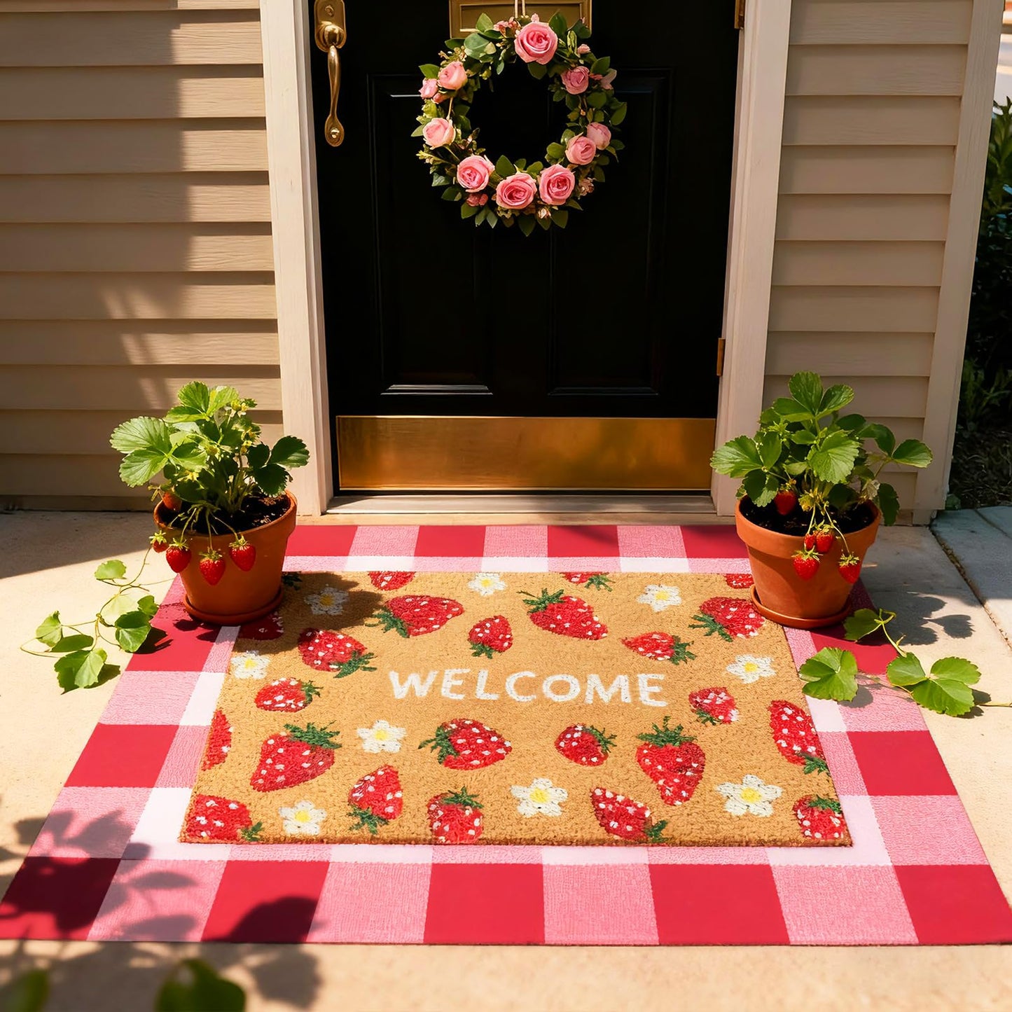 Whaline 2 Pcs Strawberry Daisy Doormat Set Floor Mat Red Pink Checkered Fruit Coir Non-Slip Front Door Rug for Spring Summer Outdoor Home Kitchen Bathroom Entrance Porch