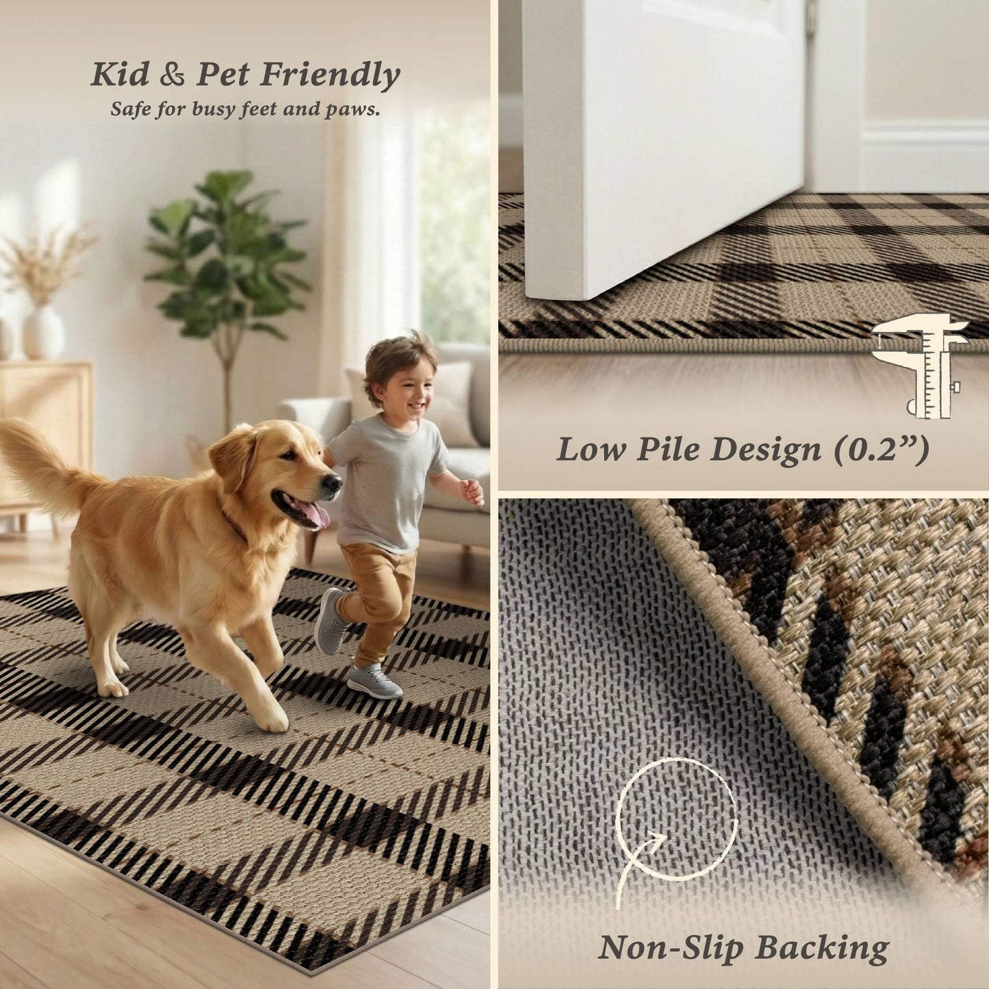 3x4 Entryway Door Mat Indoor – Washable Non Slip Small Rug for Front Door, Kitchen Sink, Mudroom, Garage Entry, Low Profile Easy Clean Farmhouse Plaid Floor Mat