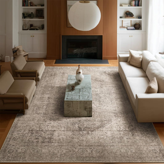 Machine Washable Rugs for Living Room: 8x10 Area Rugs for Bedroom Ultra Soft Non-Slip Low Pile Vintage Distress Boho Large Carpet for High-Traffic Dining Room - Farmhouse Decor