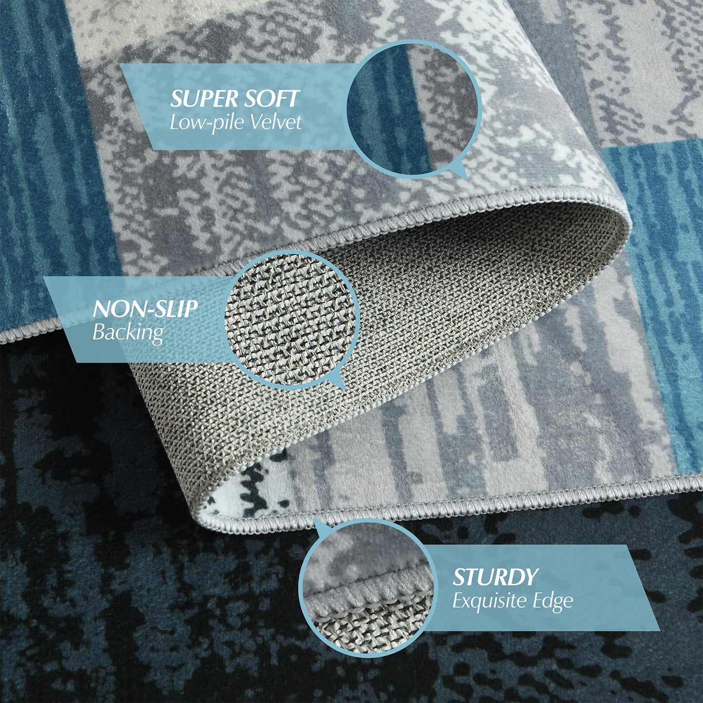 Large Area Rugs,Modern Geometric Patchwork Floor Decor for Bedroom Aesthetic Carpet, Rockwood Collection, Indoor Rugs for Living Room, Dining Room, Nursery, Office, Machine Washable Rug,5x8 Ft Blue