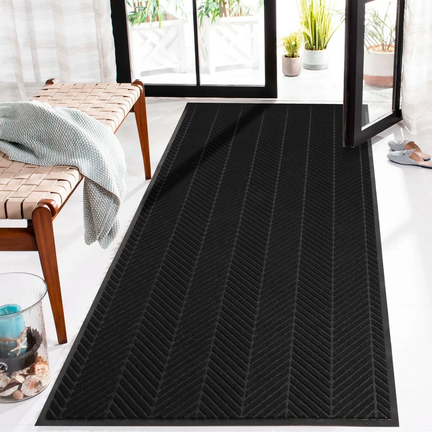 2′ x 6′ Heavy Duty Front Door Mat Indoor Outdoor Entrance, Easy Clean Non-Slip All Weather Commercial Floor Mat for Entryway, No Curling Waterproof Vinyl Welcome Mat (Black)