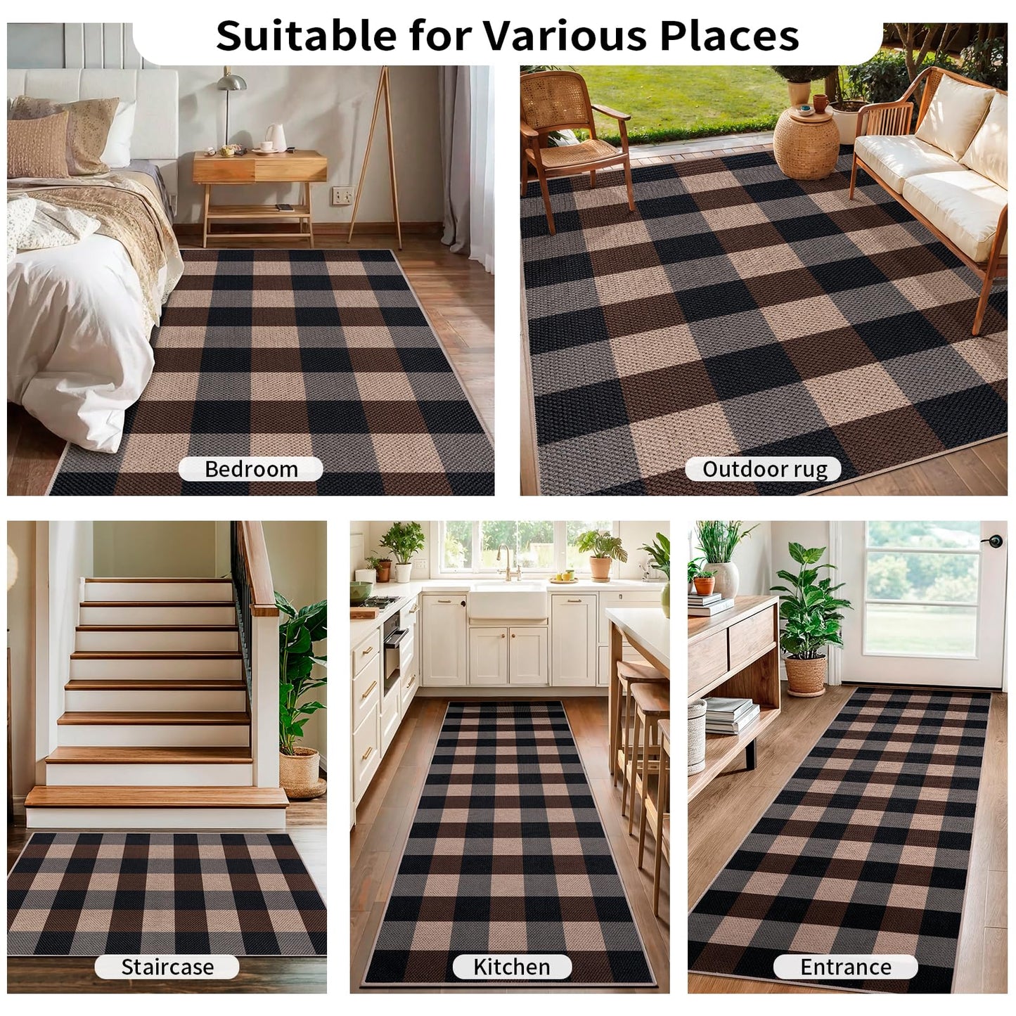 Tangsoo Checkered Easy Jute Rug 5x7 Large Washable Area Rug for Dining Room,Non-Slip Black Brown Indoor Outdoor Rug,Modern Thin Mat Outdoor Carpet for Living Room Bedroom Patio