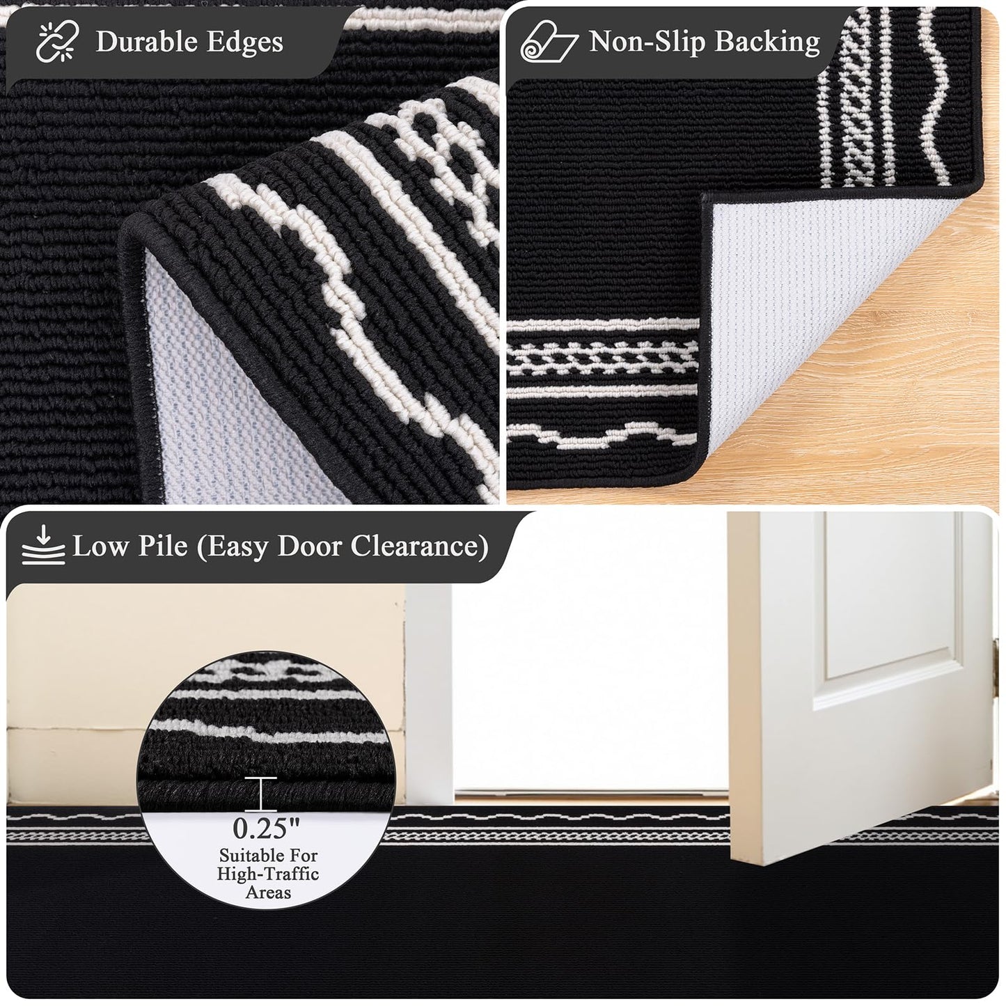 Ileading Indoor Door Mat 2x3ft, Absorbent Dog Muddy Paws Mats, Low-Profile Entrance Small Runner Carpet with Non-Slip Rubber Backing, Washable Inside Welcome Mat for Hallway,Entryway,Kitchen(Black)