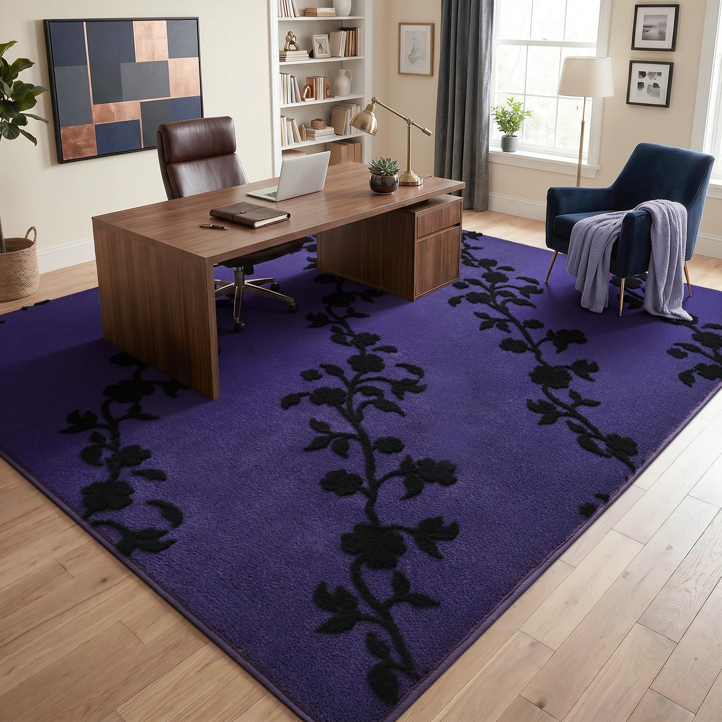 Opreine Area Rugs for Living Room Bedroom, 5x7 Feet Dark Purple Thickened Memory Foam Indoor Washable Rug, Black Flower Gothic Non-Slip Carpet for Girls Boys Padded Rugs Dorm Room Mat