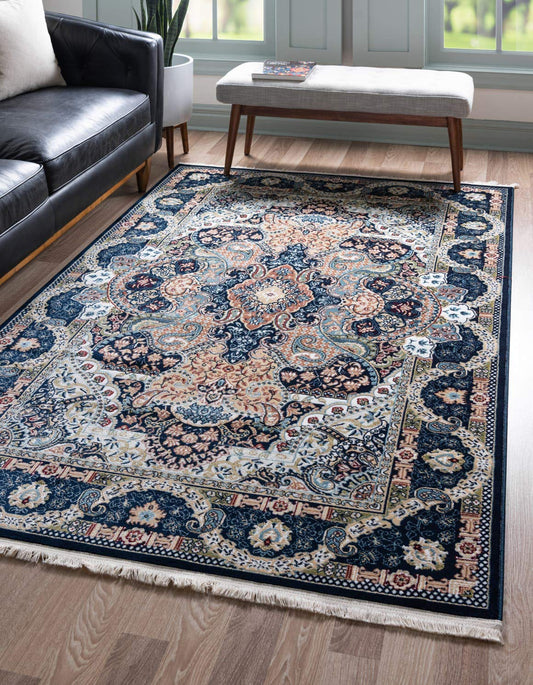 Unique Loom Narenj Collection Classic Traditional Medallion Textured Design Area Rug, 8 x 10 ft, Navy Blue/Tan