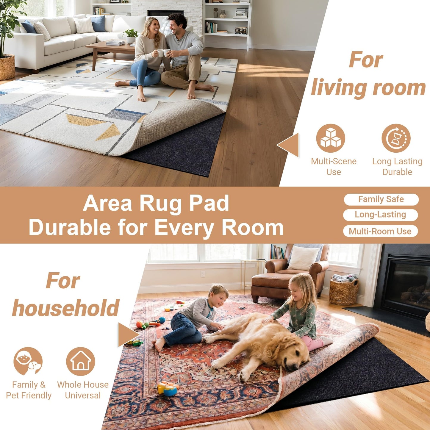abalao 3x5 Ft 1/8 Inch Thick Waterproof Non Slip Rug Pad, Felt Rubber Dual Surface for Vinyl Plank LVP Laminate Hardwood