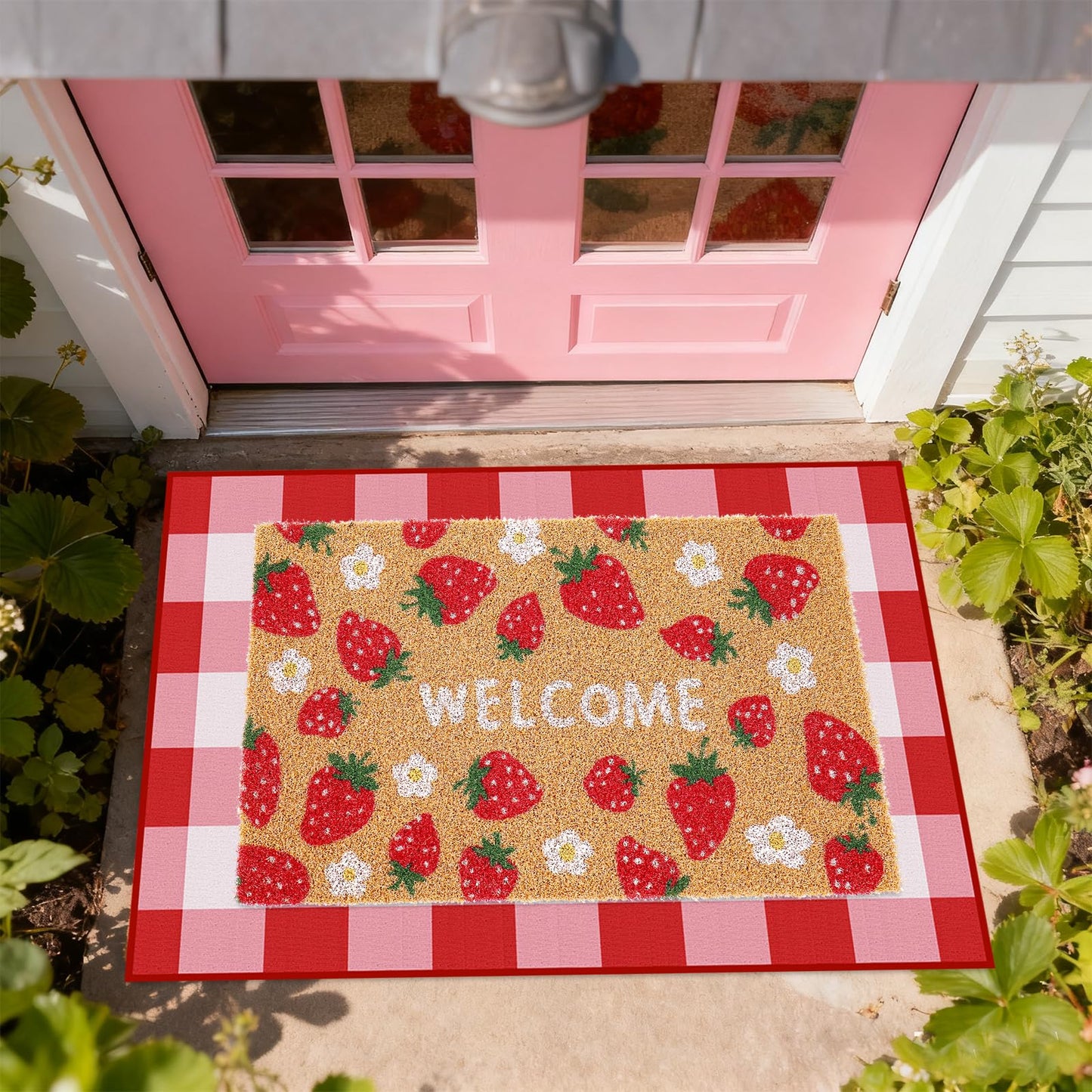 Whaline 2 Pcs Strawberry Daisy Doormat Set Floor Mat Red Pink Checkered Fruit Coir Non-Slip Front Door Rug for Spring Summer Outdoor Home Kitchen Bathroom Entrance Porch