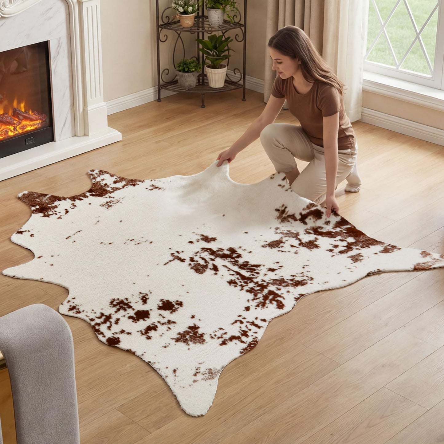 JONIYEAR Large Durable Faux Cowhide Area Rug 4.9 x 6.56 Feet, Premium Cow Print Rug for Living Room Bedroom, Durable Faux Fur Animal Cow Hide Carpet for Western Farmhouse Decor, Brown and White