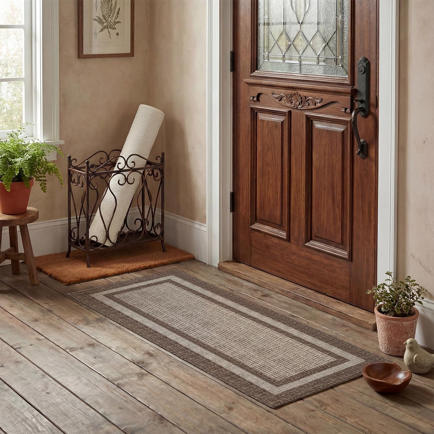 Artoid Mode Brown Rectangle Plaid Washable Doormat, Seasonal Decor Non Slip Low-Profile Absorbent Natural Rubber Back Door Mat 17x47 Inch