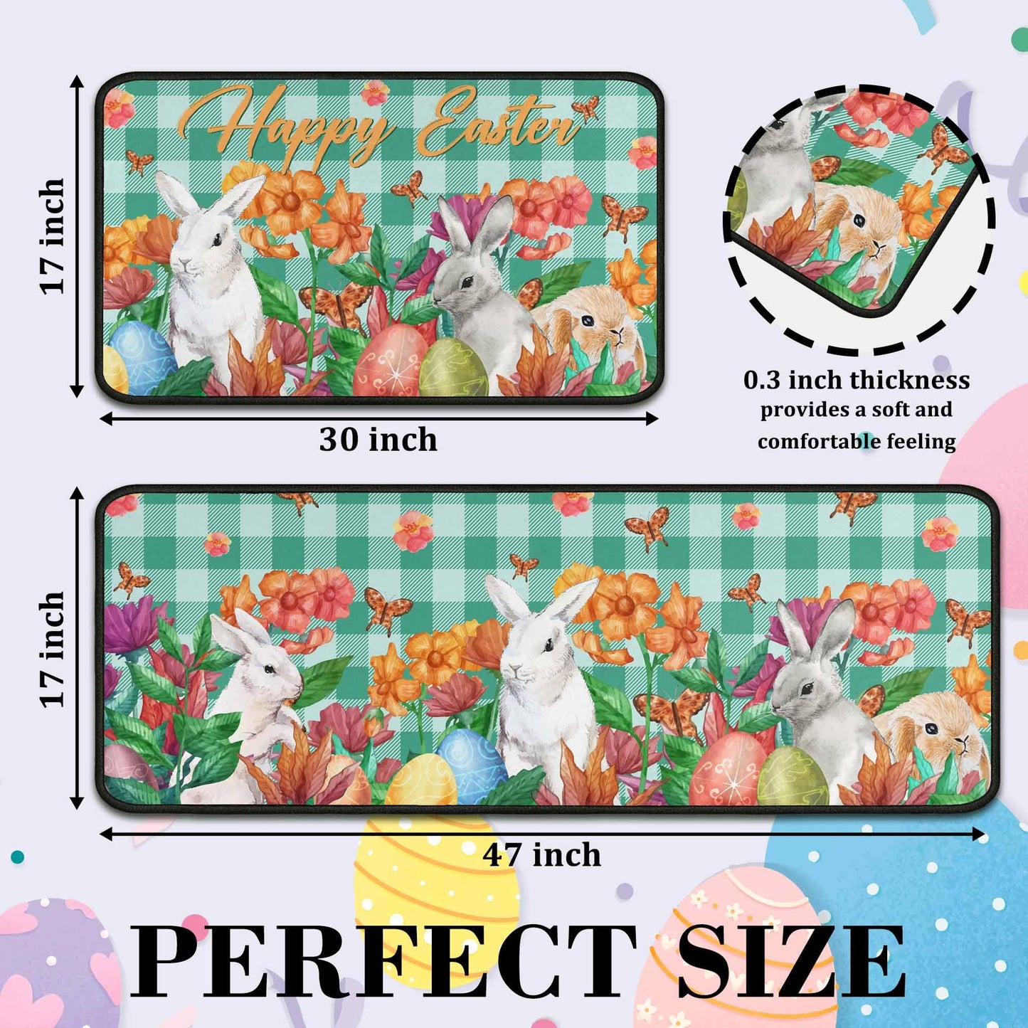 OUXIOAZ Happy Easter Flowers Eggs Bunny Rabbits Kitchen Rugs Set of 2, Spring and Summer Holiday Decorations for Home Kitchen 17"x47"+17"x30"
