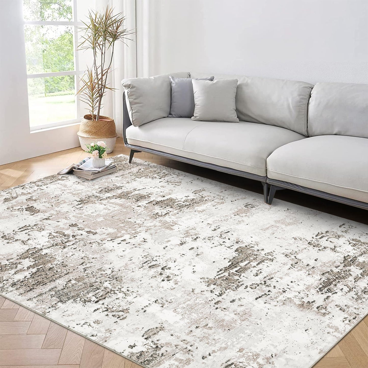 ROYHOME 9x12 Modern Abstract Accent Rug Non Slip Stain Resistant Throw Rug Low Pile Machine Washable Indoor Floor Cover for Living Room Bedroom Office Home Decor, Taupe/Beige
