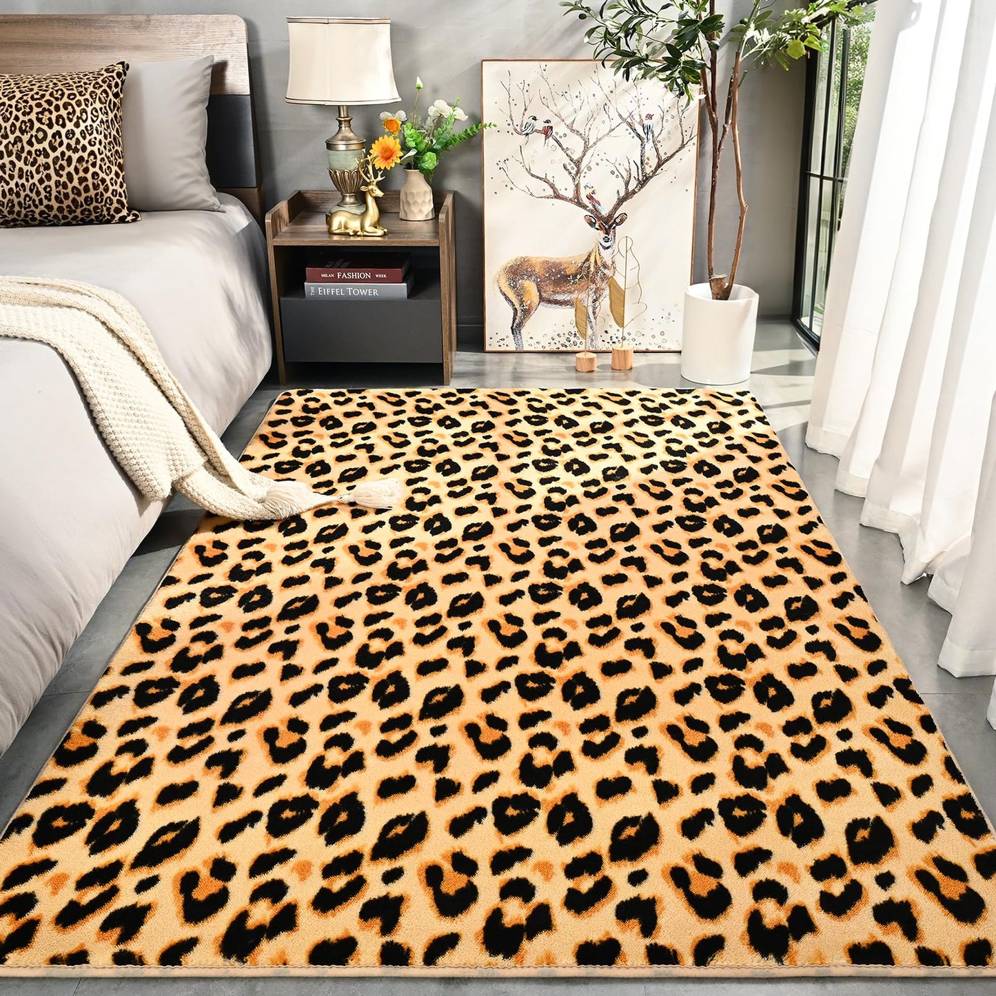 Amearea Soft Leopard Rugs for Bedroom Living Room, 3x5 Modern Cheetah Print Thickened Memory Foam Rug, Fluffy Indoor Washable Animal Rug Carpet for Kids Boys Girls Dorm Nursery Room Home Decor, Khaki