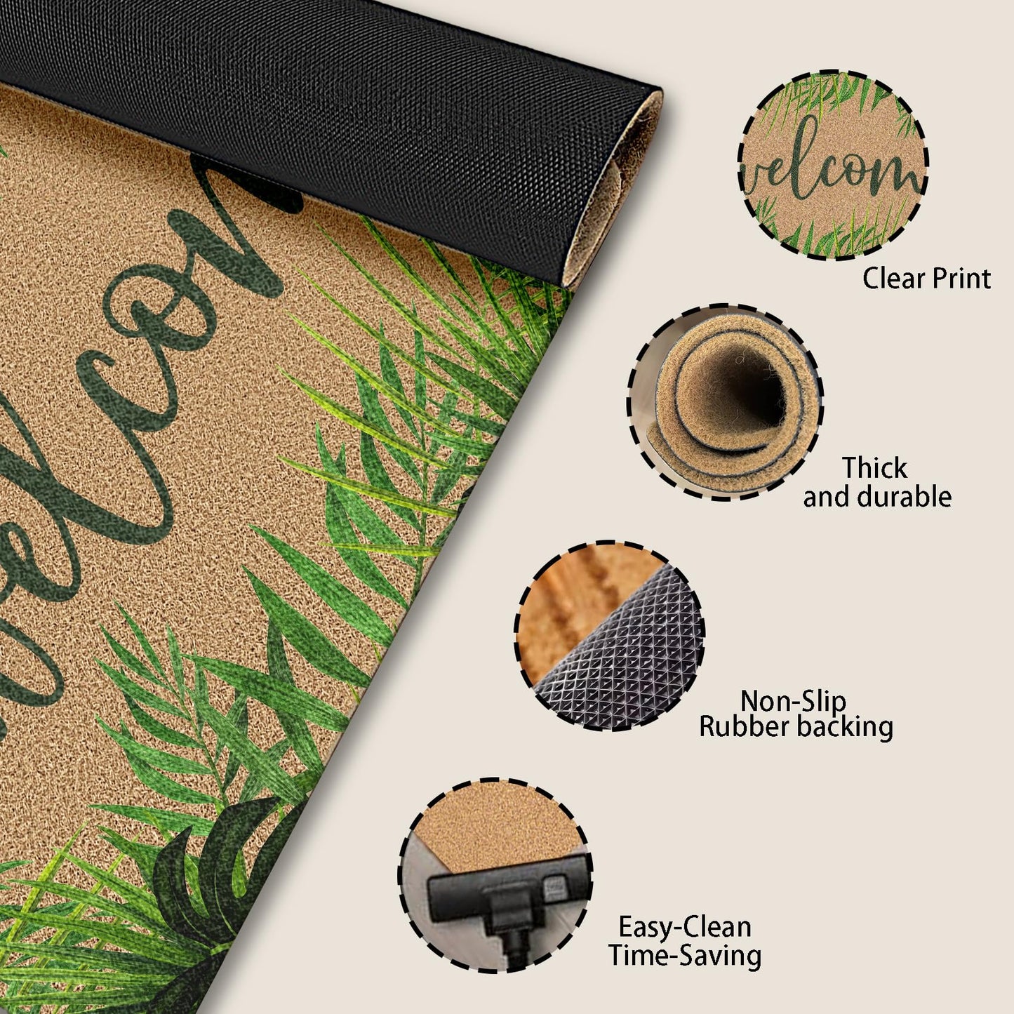 BitKAM Tropical Green Botanical Coco Coir Doormat Door Welcome Mat for Home Entrance Front Door, Summer Fern Monstera Leaf Welcome Floor Mats for Outdoor Outside Entryway 30x17 Inch