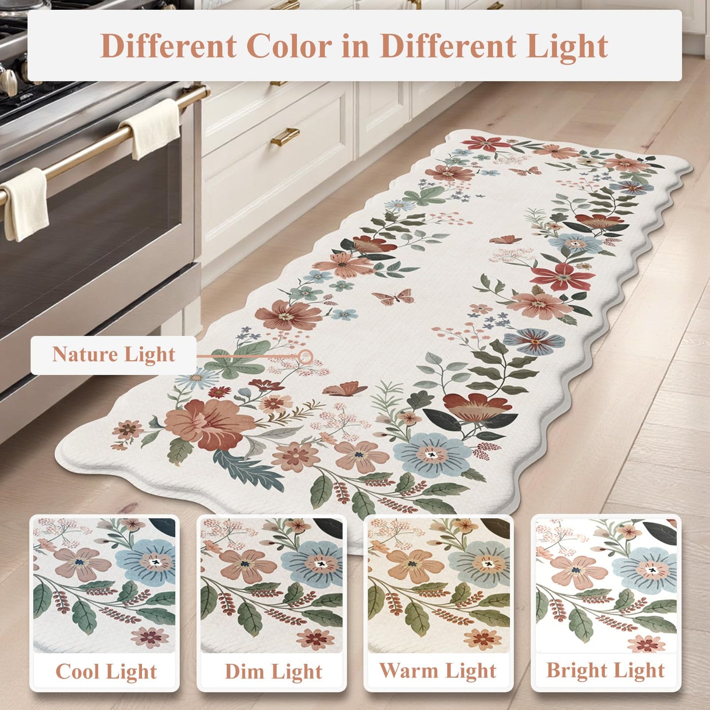Collive Kitchen Mats Cushioned Anti Fatigue, Scalloped Waterproof Kitchen Floor Mat Beige Sink Rug 2 Piece Non Slip, Comfort Desk Standing Rugs for Bedroom, Office, Laundry
