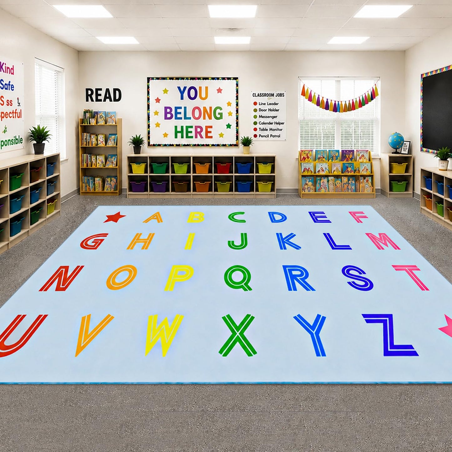 MAISONRINA Large Classroom Rug Elementary 13'x7'7'', Light Blue Alphabet Rug for Preschool Daycare Playroom, Circle Time Carpet Kids Educational Rugs for Library Kindergarten, Seats 28