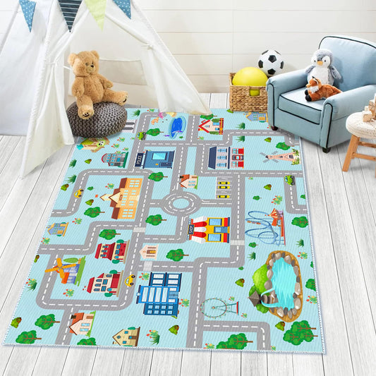 DoRlPIeY Kids Car Rug, 2' 7" x 4' City Life Road Traffic Game Carpet for Race Cars & Toys, Fun Non-Slip Race Track Educational Floor Area Playmat for Toddler Boys Bedroom Playroom Classroom Blue