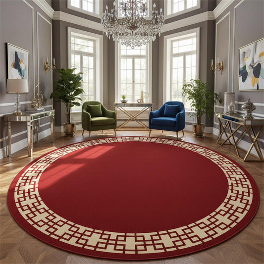 Vintage Geometric Border Circle Area Rug 5ft Oriental Lux Burgundy Beige Minimalist Greek Key Round Rugs for Living Room Bedroom Dining Room Soft Non Skid Low Pile Indoor Floor Mat Cozy Large Carpet