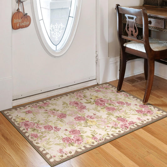 2x3 Machine Washable Area Rug for Entryway, Pink Vintage Boho Floral Rug Non-Slip Low Pile Soft Faux Wool Small Carpet, Kids and Pets Friendly for Bedroom Kitchen Hallway Bedside Home Decor Rug