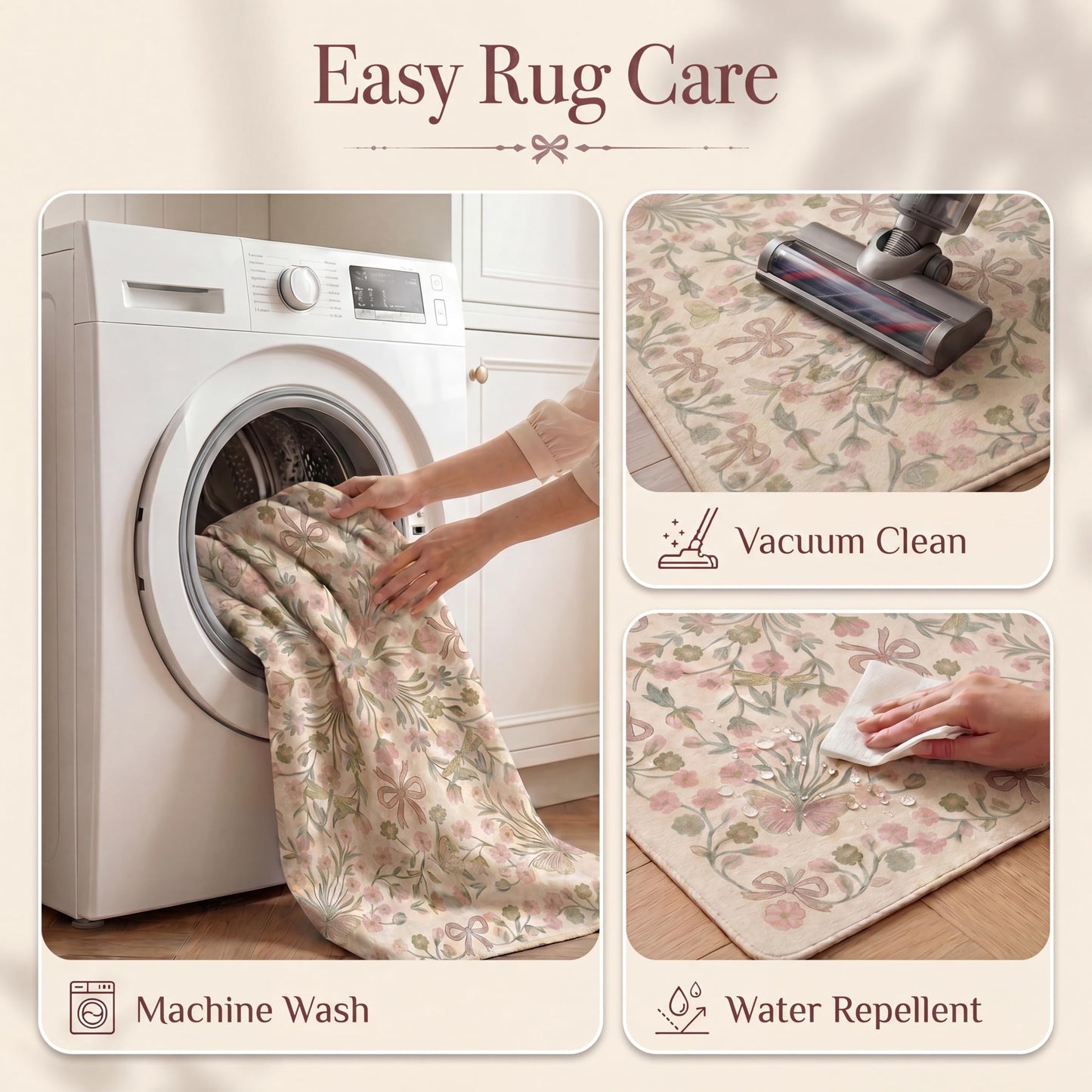 BreezeRise 5x7 Area Rug for Living Room，Boho Beige Butterfly Bow Rug Pink and Green Florals，Non-Slip Washable Foldable Bedroom，Dining Room