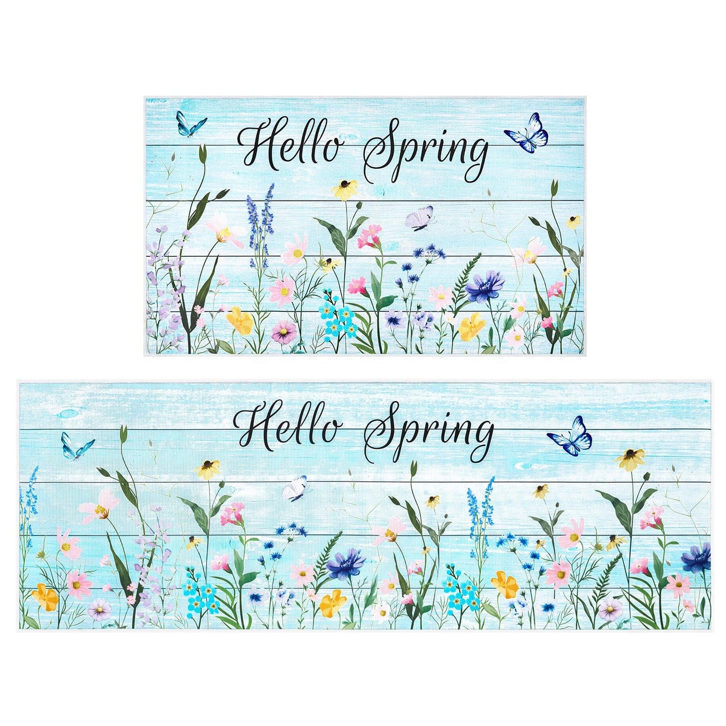 WERNNSAI Hello Spring Kitchen Decor Rugs Set- 2 Piece Kitchen Mats Non-Slip Kitchen Backing Area Rugs Sweet Home Doormat Washable Waterproof Standing Mat for Indoor Outdoor Entry Floor