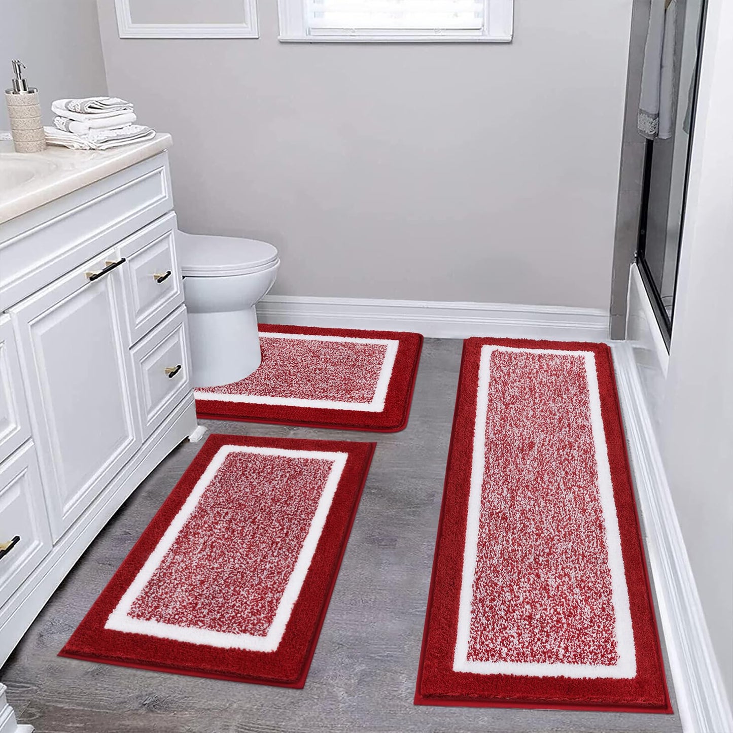 Pauwer 3 Piece Bath Mat Set Bathroom Rugs, Non Slip Plush Bathroom Mats, Absorbent Shaggy Bath Rug Set with U-Shaped Contour Toilet Mat for Bathroom Bedroom Living Room, Red