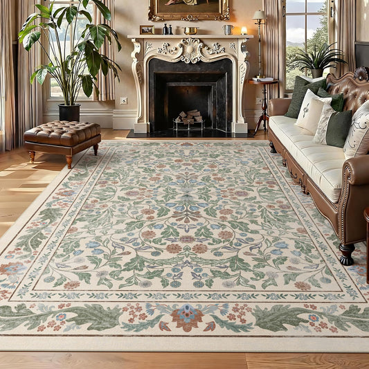 Floral 6x9 Area Rugs for Living Room, Machine Washable Vintage Rug Boho Low Pile Carpets Non Slip Soft Carpet for Farmhouse Bedroom Office Rugs, Kids Room, Nursery Room, Playroom, Beige