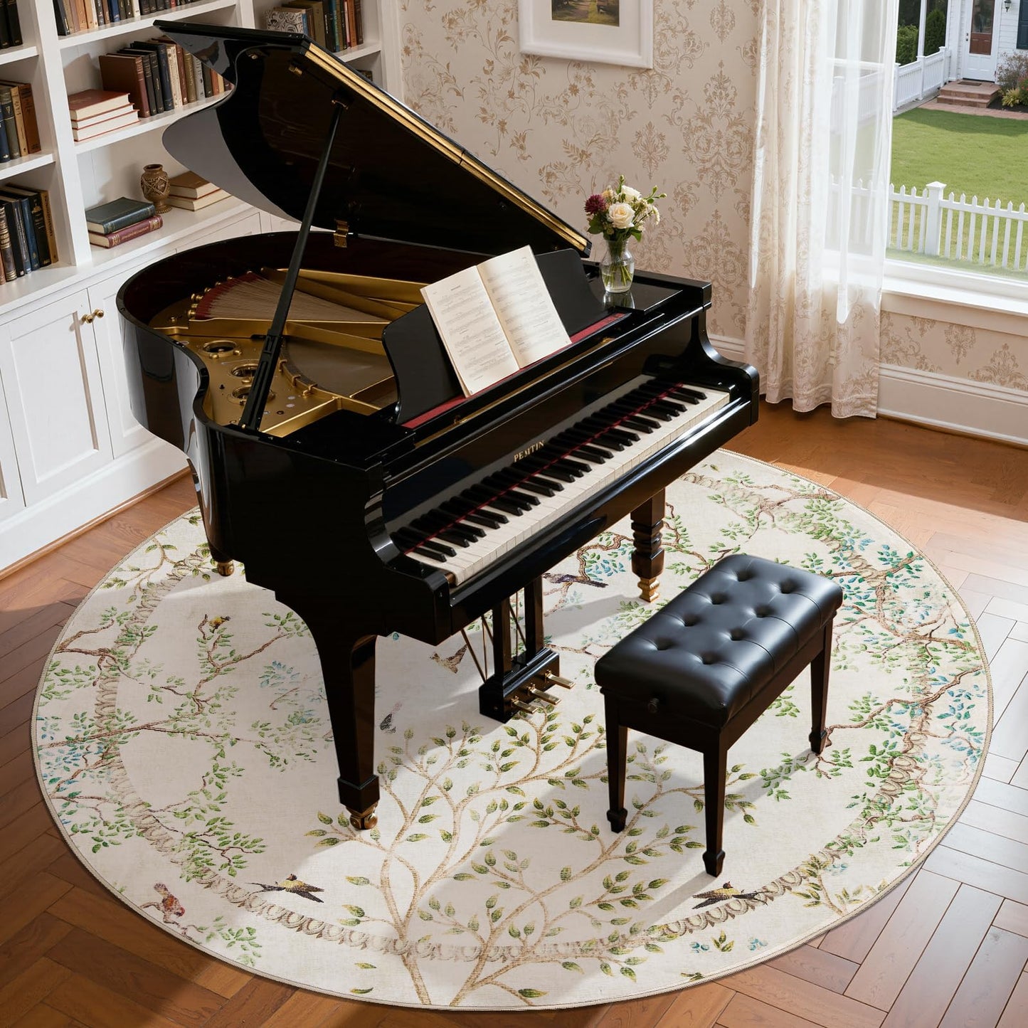 jinchan Yarden Round Rug 8ft, Vintage Distressed Botanical Birds Print Rug, Machine Washable Ultra Thin Low Pile Non Slip Area Rug, Ivory Circle Rug for Living Room Bedroom