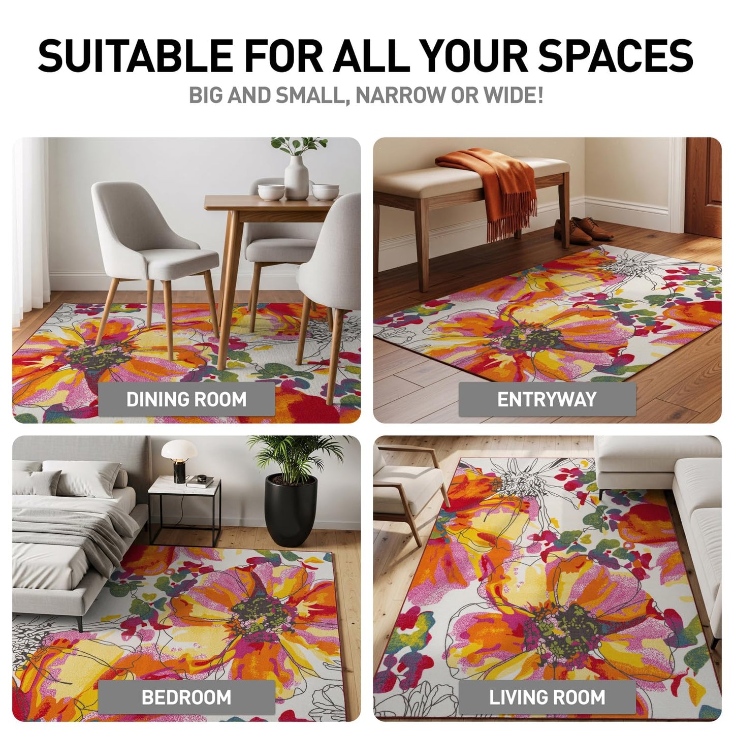 Rugshop Modern Bright Flowers Non-Slip (Non-Skid) for Entryway,Doormat,Kitchen,Foyer Area Rug 2'7" x 4' Multi