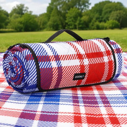 Doonly Picnic Blanket, Large Waterproof Sandproof Beach Blanket, Foldable Outdoor Blanket Picnic Mat for Beach, Camping, Park, Grass, Lawn, Travel, Patriotic Red White and Blue