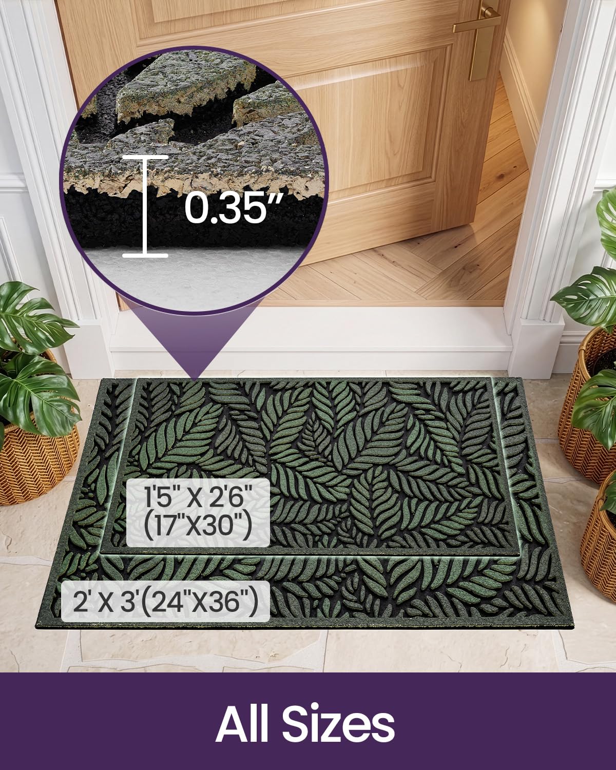 DEXI Front Door Mat Outside Entrance 17x30, Rubber Entry Doormat Heavy Duty Non Slip, Welcome Entryway Mats Dirt Trapping for Exterior Patio Garage, Green Leaves