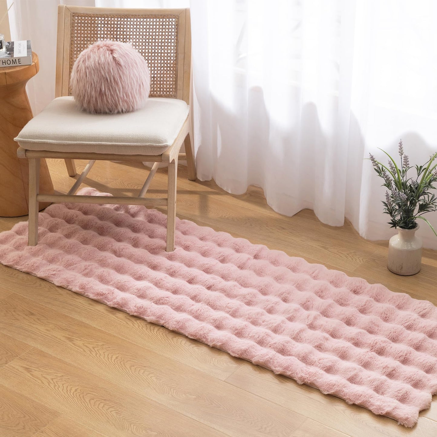 Ashler Faux Rabbit Fur Rug, Pink 2x6 FT Fluffy Soft Runner Area Rugs, Rectangle Fuzzy Carpet for Living Room, Bedroom, Machine Washable Shaggy - 3D Bubble Rug,