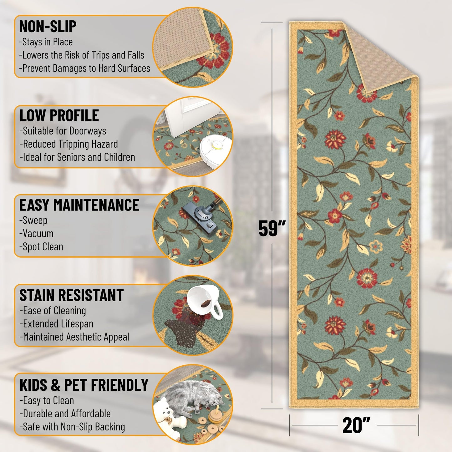 Ottomanson Hallway Runner Rug 20" x 59" Non Slip Floral Area Rugs Easy to Clean Laundry Rug Runner Durable Floor Carpet Runners for Hallways Entryway Living Room Kitchen Bathroom, Seafoam Green