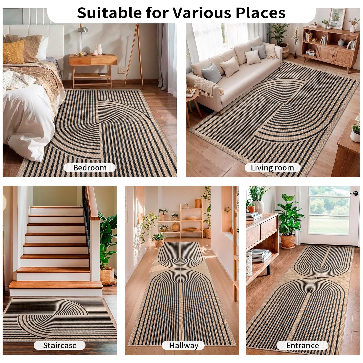 Tangsoo Rainbow Easy Jute Rug 5x7 Large Washable Area Rug for Living Room,Black Non-Slip Thin Outdoor Rug,Modern Farmhouse Indoor Carpet for Dining Room Table Bedroom Patio