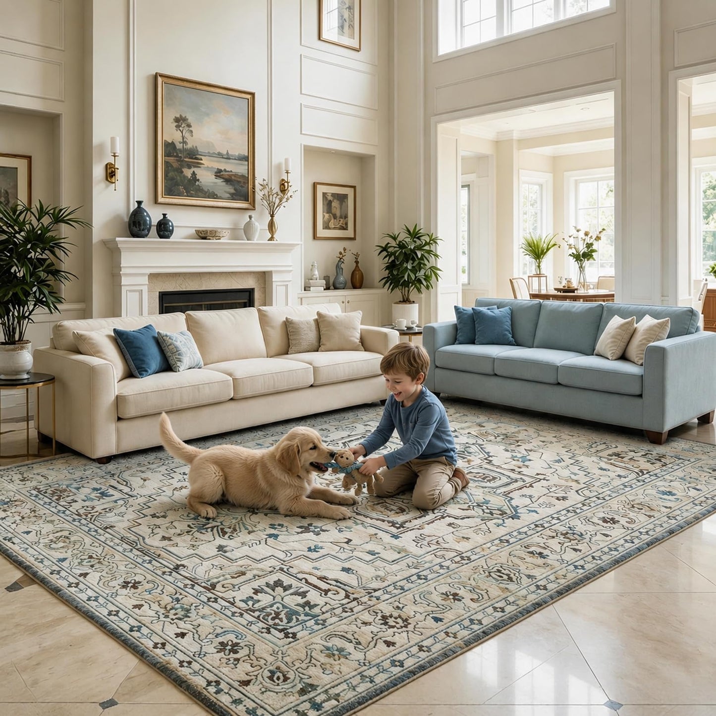 Vintage Washable Area Rug 8x10, Non-Slip Low-Pile Farmhouse Persian Carpet for Living Room Dining Room Bedroom, Stain Resistant Traditional Indoor Rug, Neutral Cream Blue