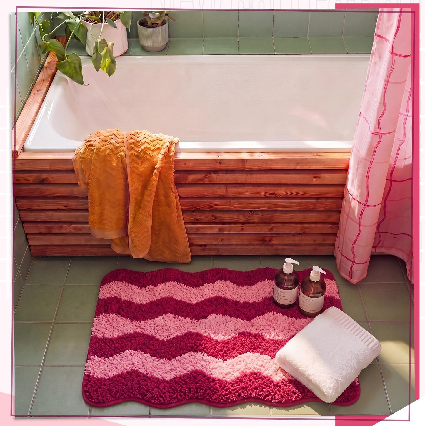 Nuanchu Cute Scalloped Bathroom Rug, Plush Tufted Absorbent Soft Wave Striped Bath Mat 24"x16", Non-Slip Washable Floor Carpet for Bathroom Bedroom Kitchen(Tomato & Pink)