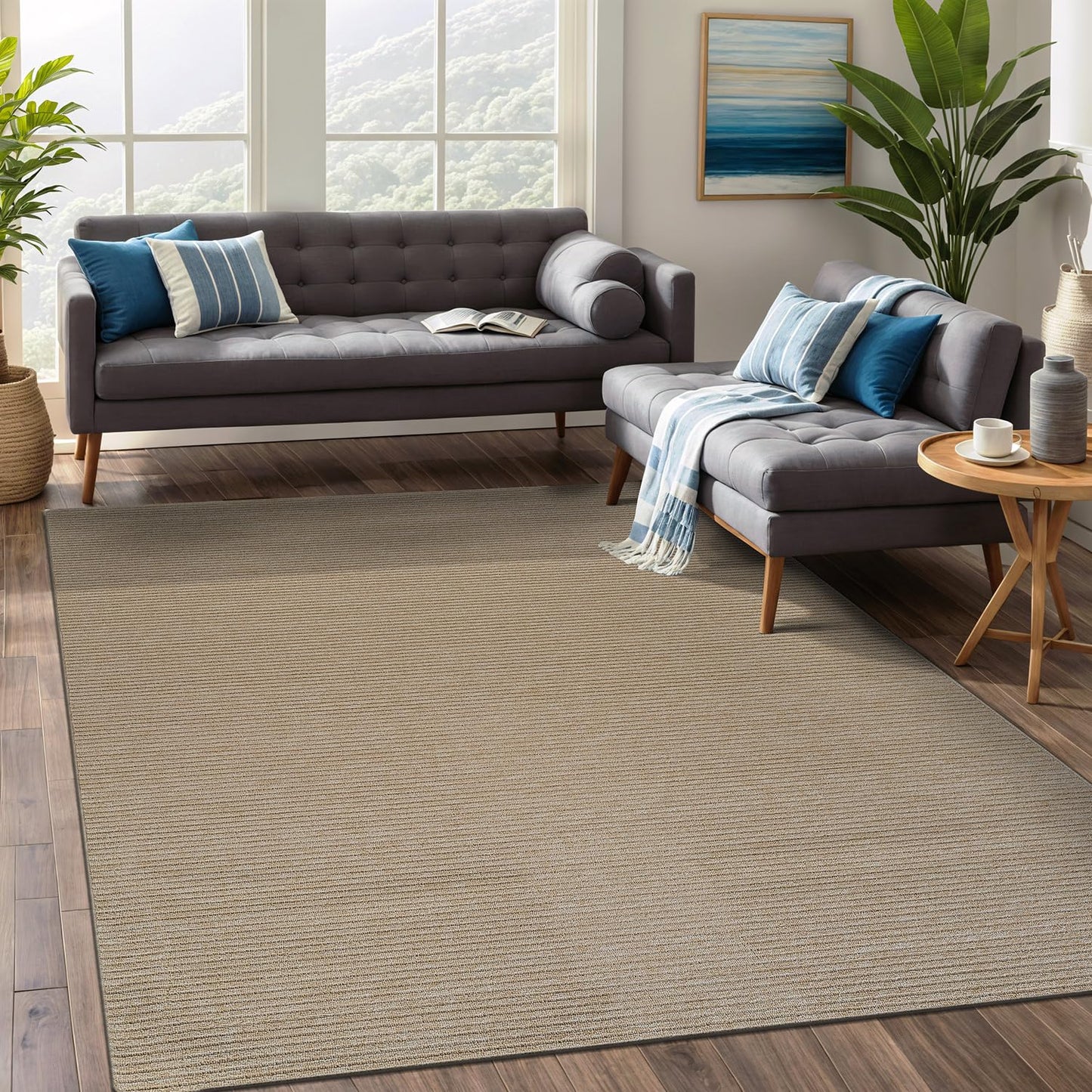 Beverly Rug Non-Slip Modern Rug 6x9 Solid Traditional Rubber Backing Machine Washable Soft Thin Indoor Area Rugs for Living Room Stain Resistant Non Shedding Casual Carpet (6 x 9 Beige)