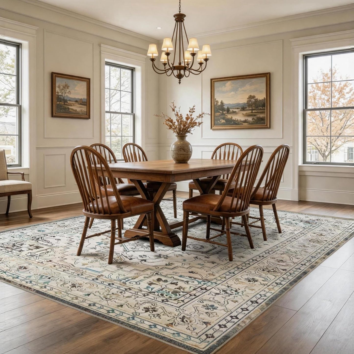 Vintage Washable Area Rug 8x10, Non-Slip Low-Pile Farmhouse Persian Carpet for Living Room Dining Room Bedroom, Stain Resistant Traditional Indoor Rug, Neutral Cream Blue